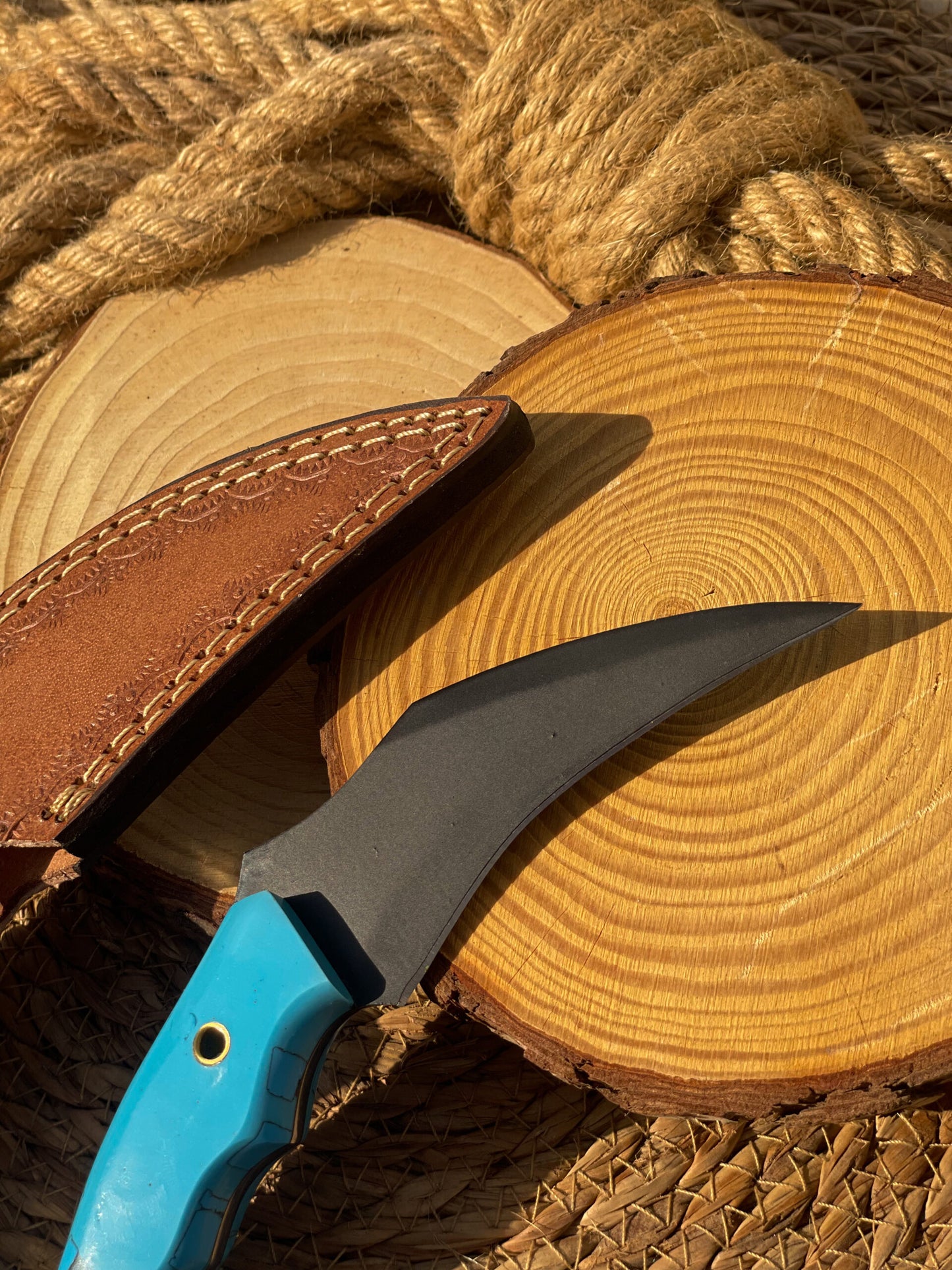 Black Coding Handmade Karambit with Leather Sheath (Blue Handle )