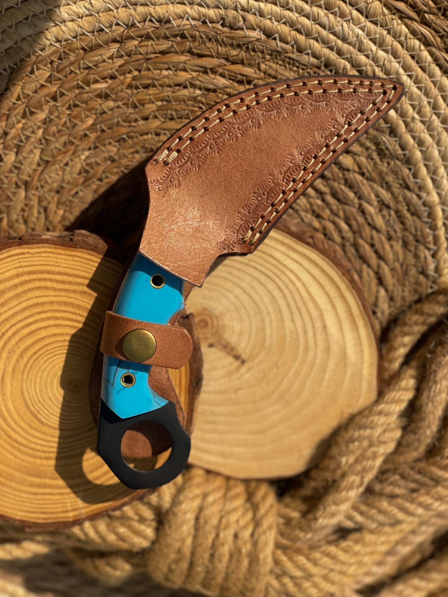 Black Coding Handmade Karambit with Leather Sheath (Blue Handle )