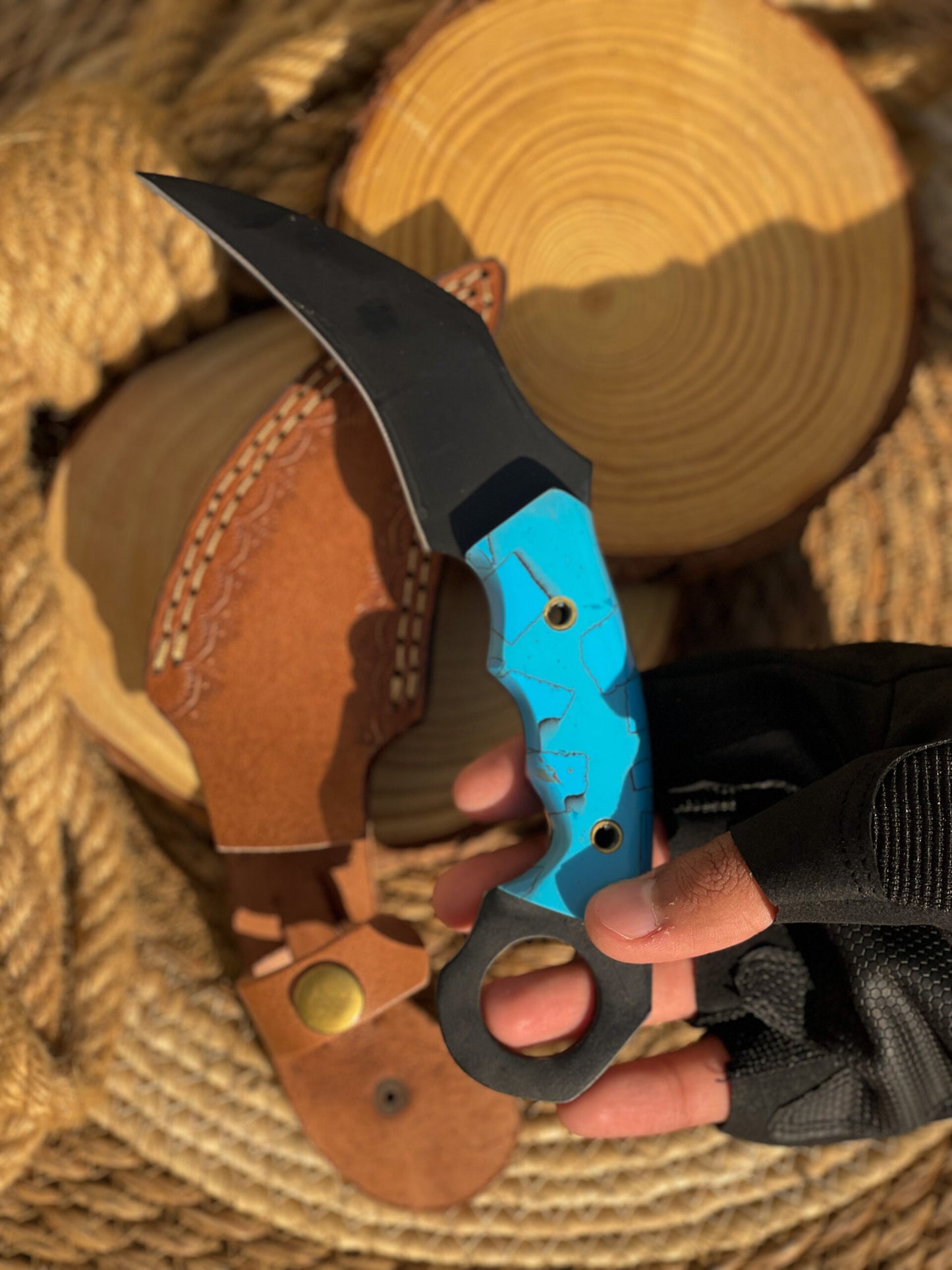 Black Coding Handmade Karambit with Leather Sheath (Blue Handle )