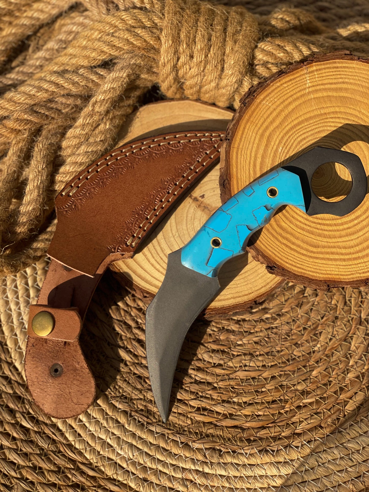 Black Coding Handmade Karambit with Leather Sheath (Blue Handle )