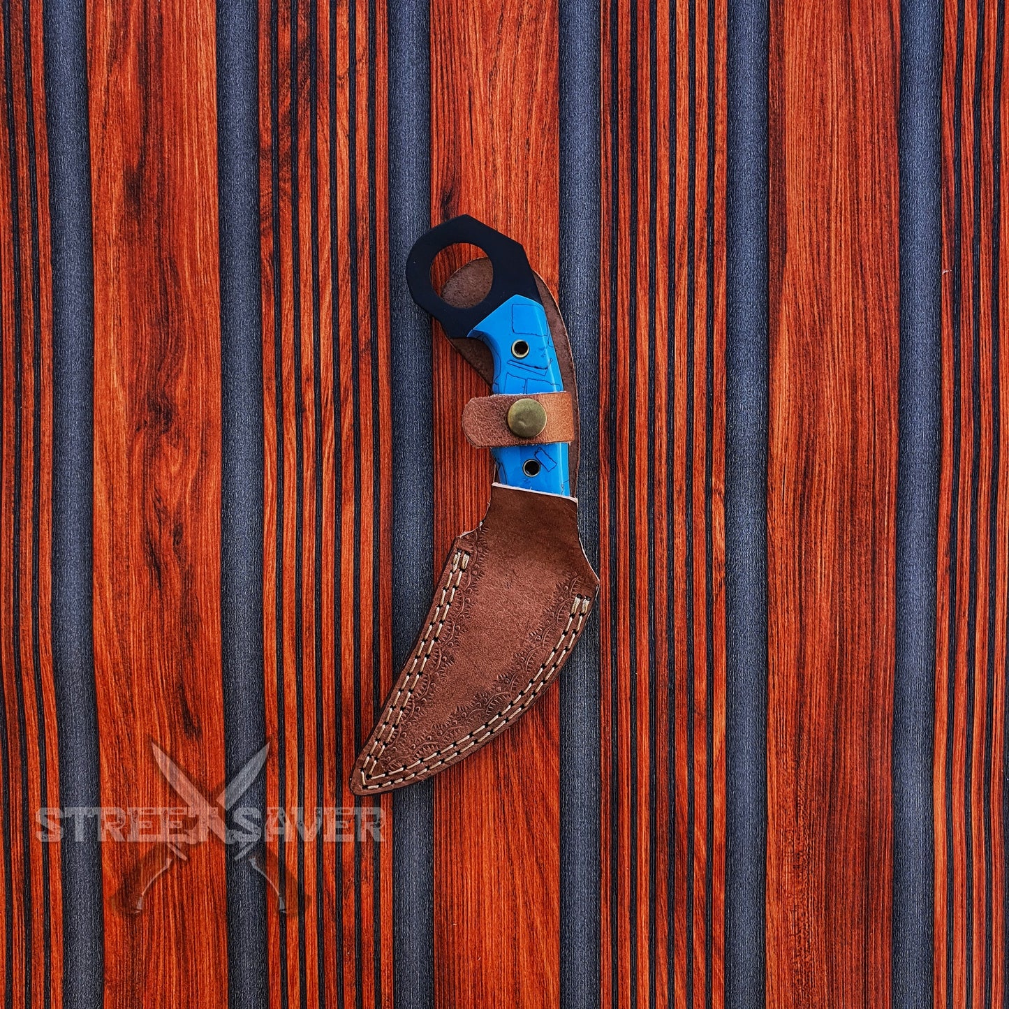 Black Coding Handmade Karambit with Leather Sheath (Blue Handle )
