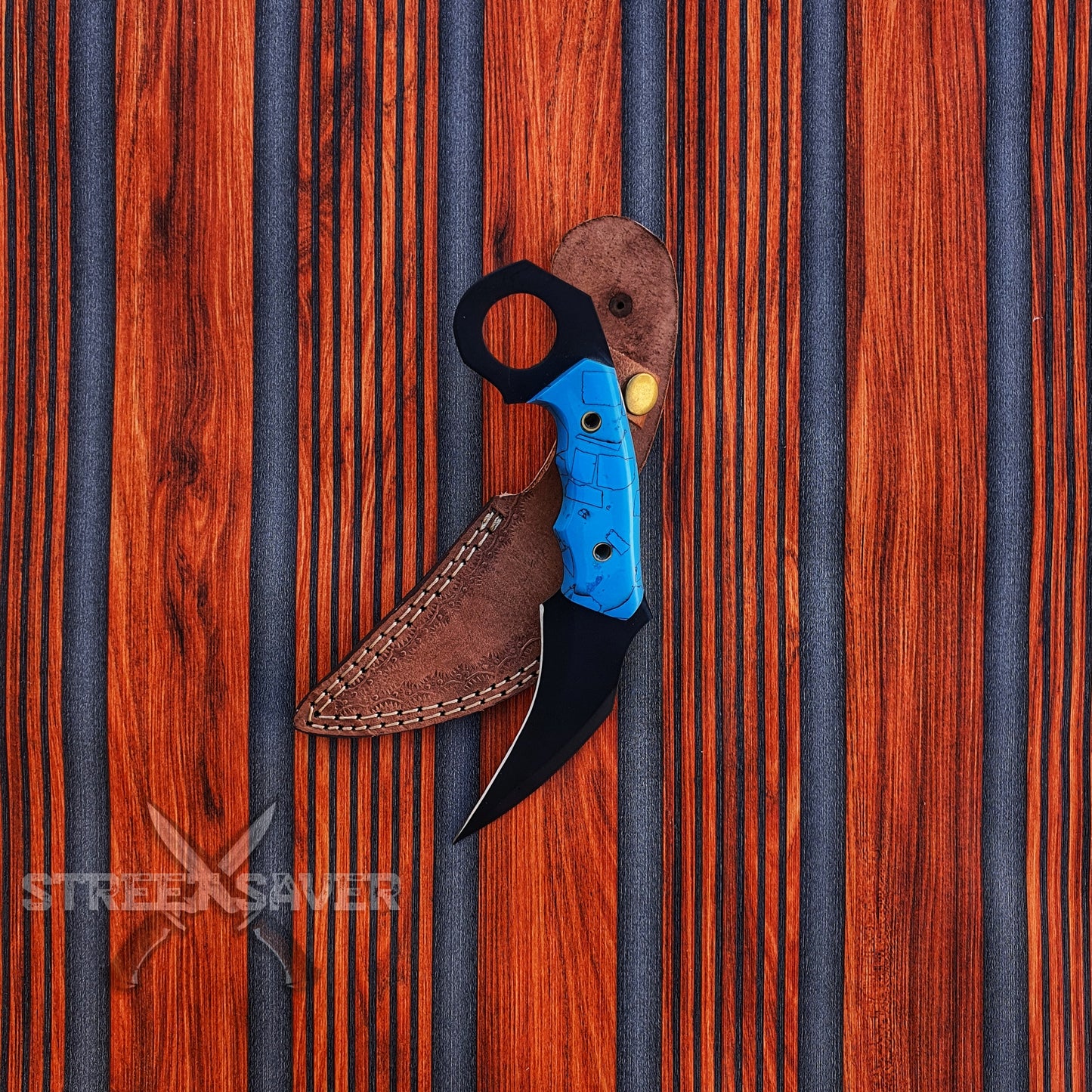 Black Coding Handmade Karambit with Leather Sheath (Blue Handle )