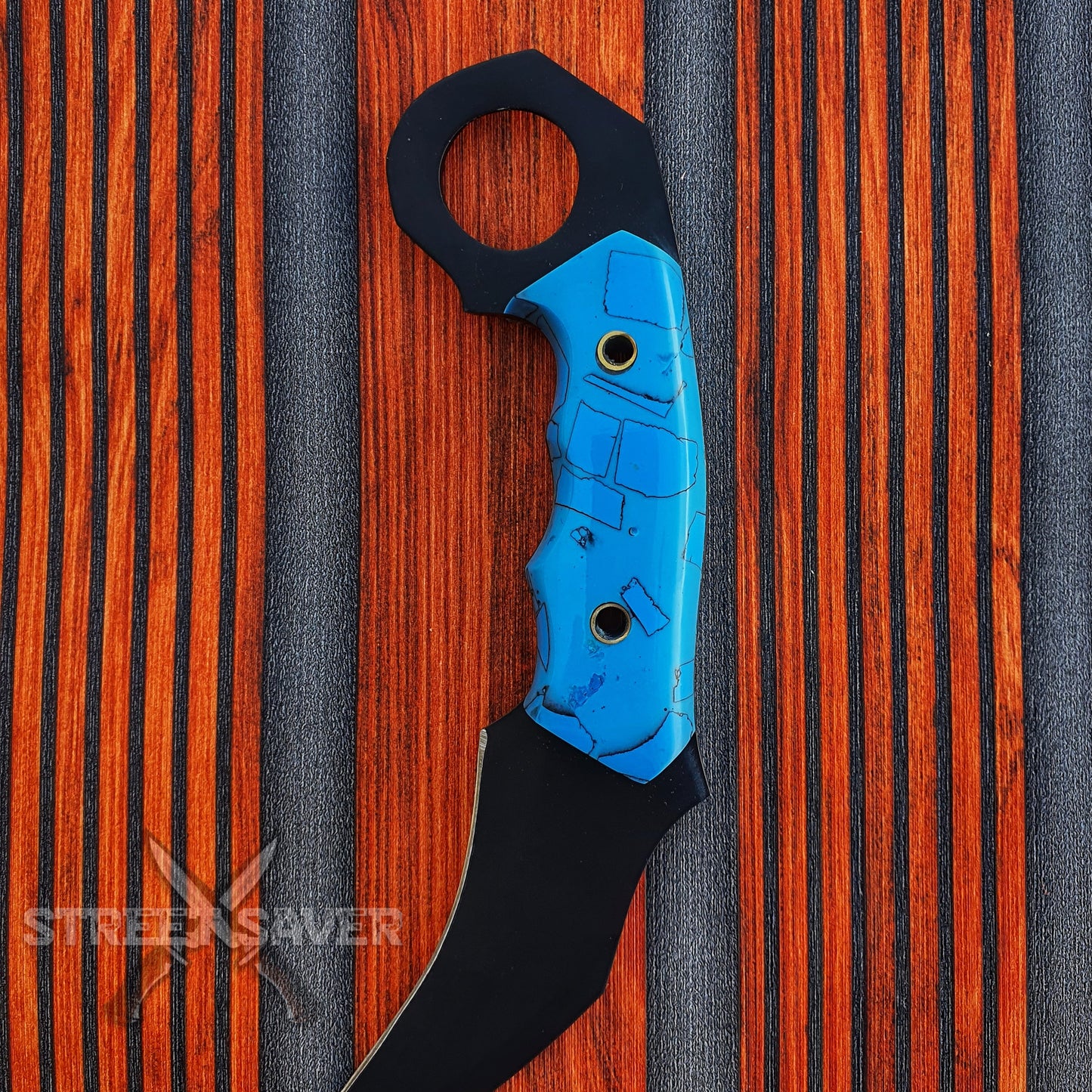 Black Coding Handmade Karambit with Leather Sheath (Blue Handle )