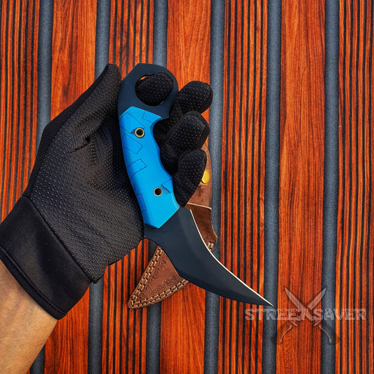 Black Coding Handmade Karambit with Leather Sheath (Blue Handle )